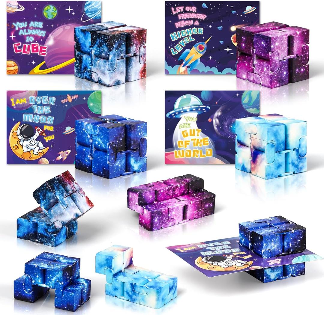 SpringFlower Valentines Day Cards for Kids,Valentine's Cards with 24 Pack Cube Fidget Toys,Valentines Day Gifts for Kids Classroom Exchange, Valentine's Party Favors Prizes