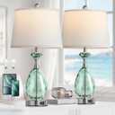 Hamucd Coastal Glass Table Lamps Set of 2, 3-Way Dimmable Touch Control Nautical Lamp with USB A+C Ports,Bedside Lamps Beach Decor, Modern Nightstand Lamps with 2 LED Bulbs for Bedroom Living Room