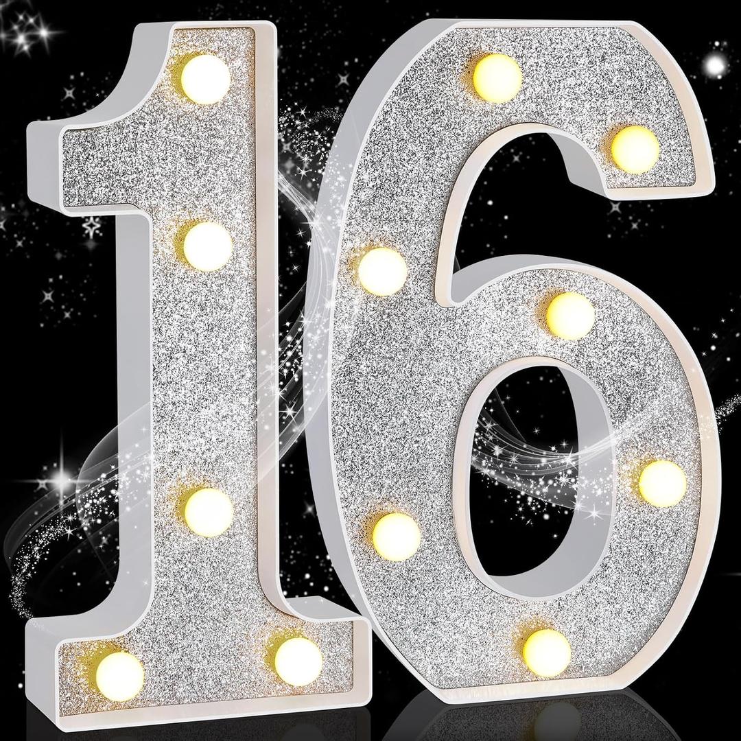 Treela 8.7'' Birthday Decorative LED Light up Numbers, Glitter Marquee Number Sign for Night Birthday Party Decorations Anniversary Bar LED Sign Backdrop Wall Table Centerpieces(16th,Silver)
