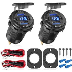 2Pcs 12V/24V Outlet with Voltmeter, Quick Charge 3.0 Dual USB Power Outlet, Waterproof Fast Charge USB Charger Socket DIY Kit for Car Boat Marine (2 Pack)
