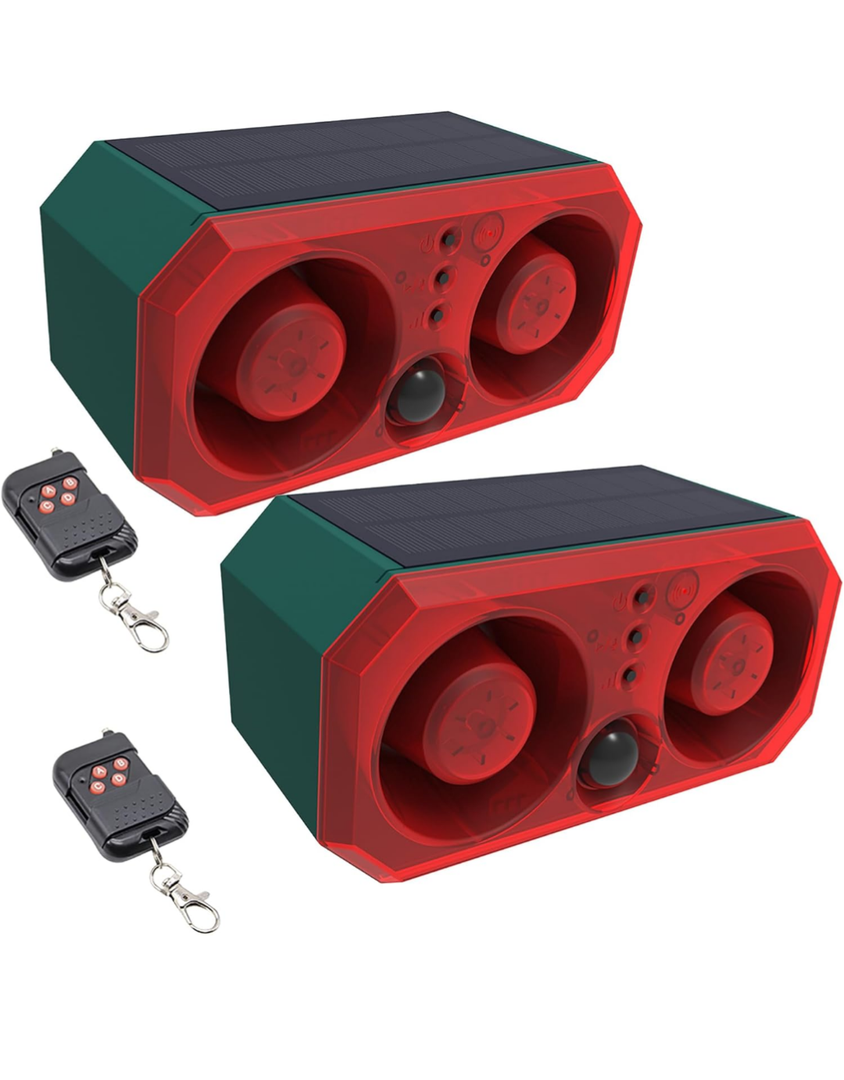 Solar Sound & Strobe Light Alarm Motion Sensor Siren, 13 Sounds & Recording, Dual Speaker 130dB Dog Barking Loud Noise Maker, Security Alert System for Home Farm Barn Villa Orchard (Pack of2)