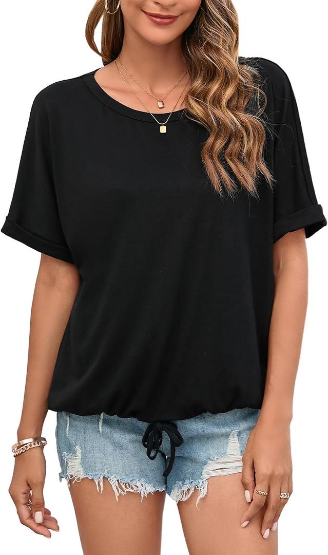 ENMAIN Womens Casual Crewneck T-Shirts Rolled Short Sleeve Basic Tee Shirts Elastic Hem Summer Tops, XXL