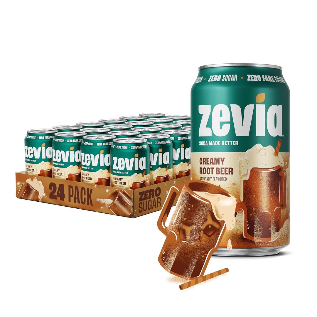 Zevia Zero Sugar Soda, Creamy Root Beer, 12 oz Cans (24-Pack) Naturally Sweetened, Non-GMO Project Verified, Gluten-Free, Vegan, BBD 06/09/2027