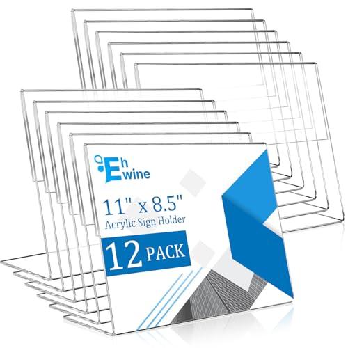 EHWINE 12 Pack 8.5 x 11 Acrylic Sign Holder Horizontal, Clear Plastic Signs Display Stand, Slanted Back Paper Holder Stand up Table Top Sign Holders Flyer Stand Frames for Office Business Store