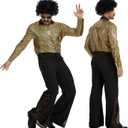 6 Pcs 70s Disco Outfit Costume for Men Dance Bell Bottom Pants Retro Shirts Moustache Sunglasses Wigs Necklace