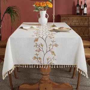 Laolitou Cotton Linen Waterproof Table Cloth for Dining Table Farmhouse Kitchen Rectangle Tablecloth Coffee Wrinkle Free Tables Cover, Beige, Coffee Flower, 55x70 Inch