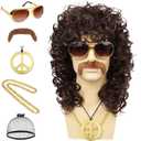 70s Mens Brown Wig + Glasses + Golden Chain + Peace Sign Necklace + Mustache + Wig Cap Long Curly Funny Synthetic Wigs for Retro Outfit Men Party Hippies Rocker Costume Cosplay Halloween, 6pcs Set