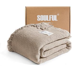 SOULFUL Muslin Throw Blanket with Tassels - Soft Twin Cotton Throw Blanket for Couch or Bed, Lightweight and Breathable Gauze for All Seasons, Light Tan, 60" x 80"