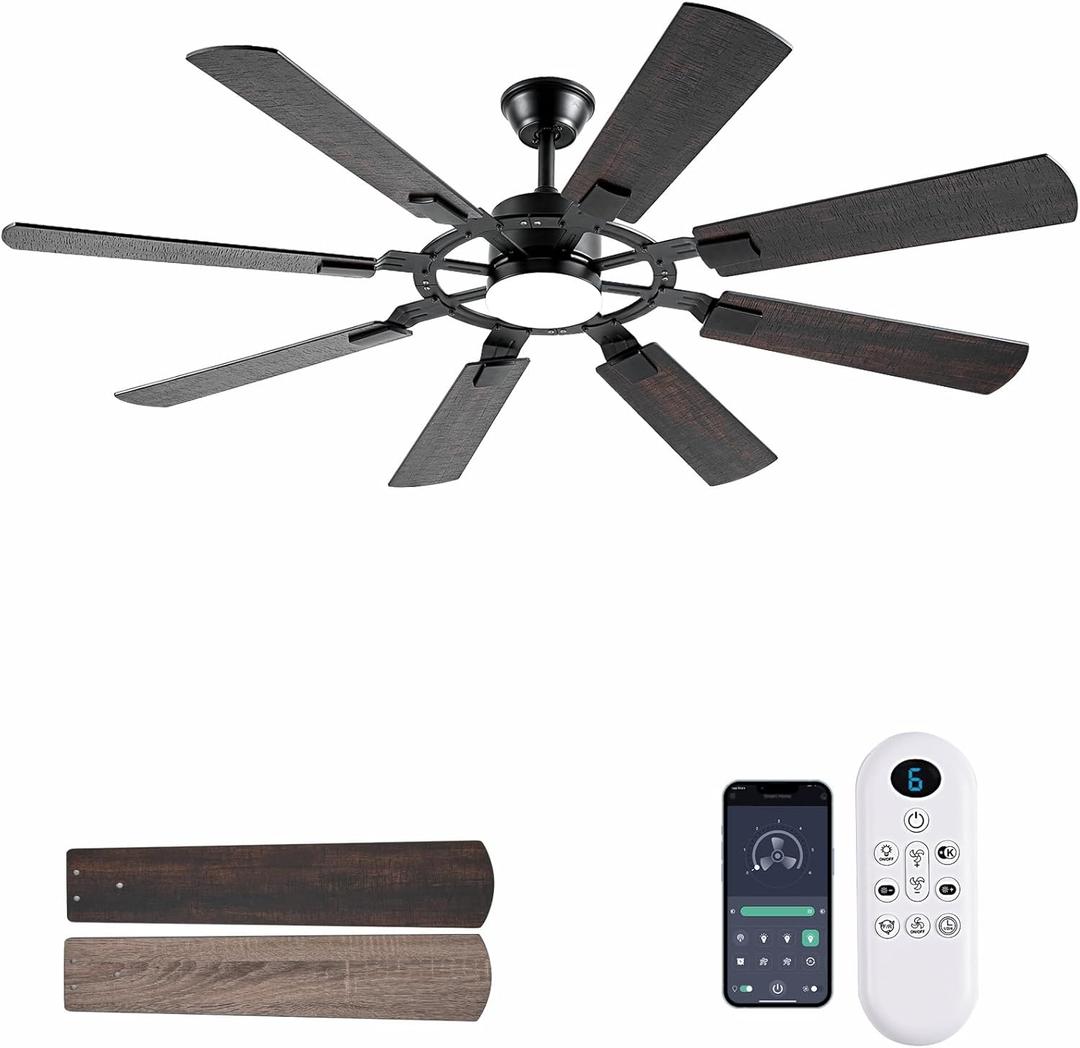 62 Inch Ceiling Fans with Lights, Large Low Profile Flush Mount Ceiling Fan with Remote Control, 8 Blades Double Sided, Reversible DC Motor, Silent Timing, Brown Indoor Outdoor Ceiling Fan