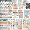 BEAWART 18 Modern Boho Educational Posters - Laminated Learning Poster Charts for Classroom Decor - Alphabet ABC Poster, World Map - Homeschool and Classroom Wall Decoration