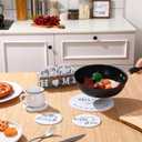 Queekay Housewarming Gifts New Home 1 Farmhouse Trivet for Hot Dishes and 5 Wooden Coasters Round Wood Hot Pads Set with Holder for Home Christmas Decoration 7" and 4"(Gray, White)