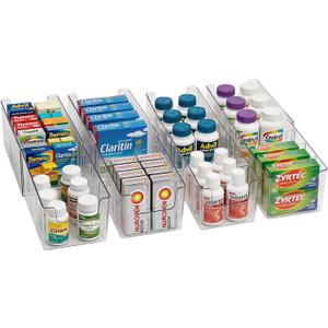 Expandable Medicine Cabinet Organizer 4 Pack, 5 Compartments Adjustable Clear Medicine Storage Box Bin with Removable Dividers, Vitamin Bottle Medication Organizer for Countertop Bathroom