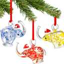 HDCRYSTALGIFTS 3PCS Glass Elephant Ornaments Hand Blown Glass Elephant with Christmas Hat Ornaments Christmas Tree Hanging Decoration Home Xmas Holiday Decor