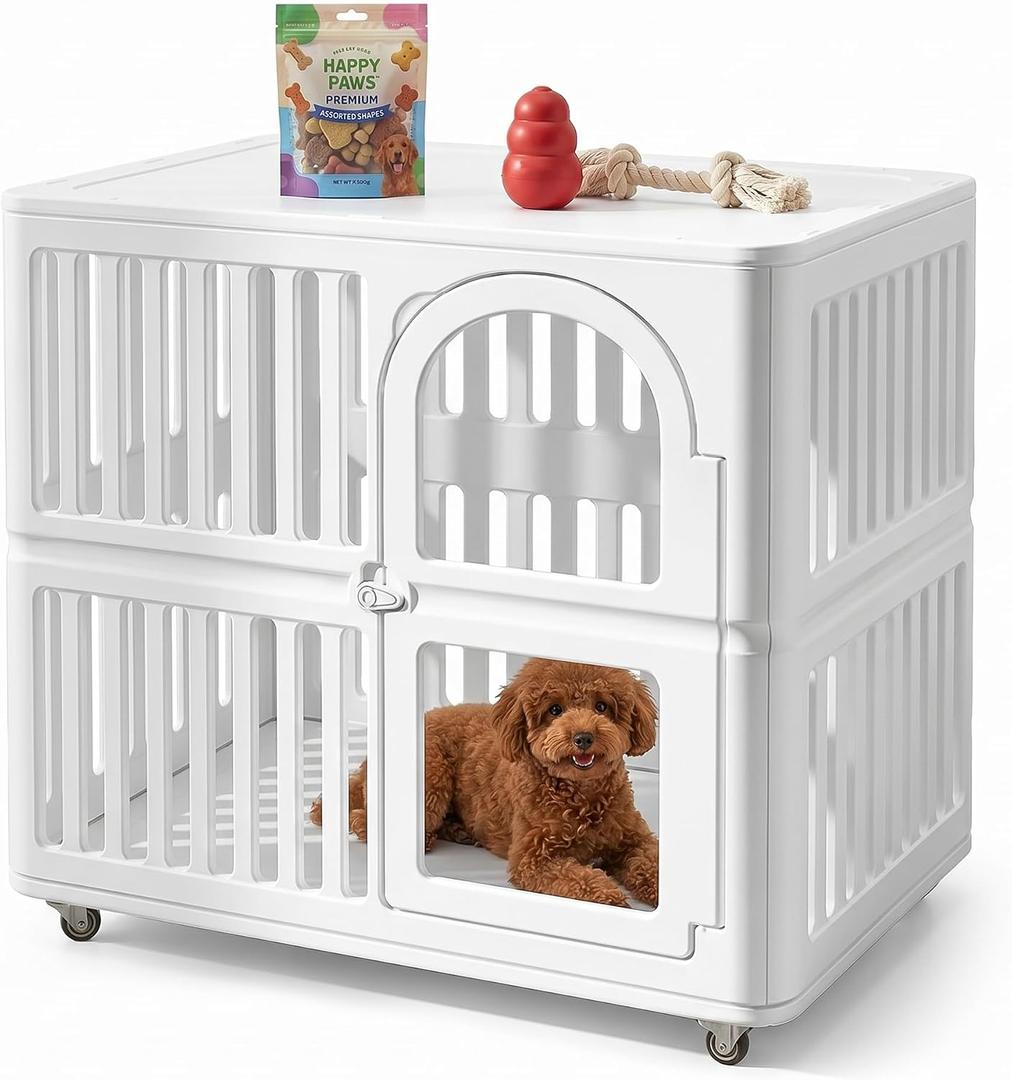 Plastic Dog Crate with Wheels, Single Door Indoor Outdoor Dog Kennel with Clear Acrylic Window, Ventilated, Easy Clean & Easy Assemble Pet Cage for Small/Medium Dogs