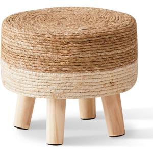 Cpintltr Foot Stool Natural Seagrass Hand Weave Poufs Round Ottoman for Couch Desk Soft Step Stool Padded Foot Rest with Non-Skid Pine Legs for Hallway Office Lounge Natural/White