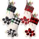 4 Pcs Large Christmas Paw Shape Stockings for Dog Cat Pet Christmas Hanging Stocking with Bone Pattern Tags Buffalo Plaid Cuff Stocking for Puppy Xmas Gifts Party Fireplace Tree Decoration