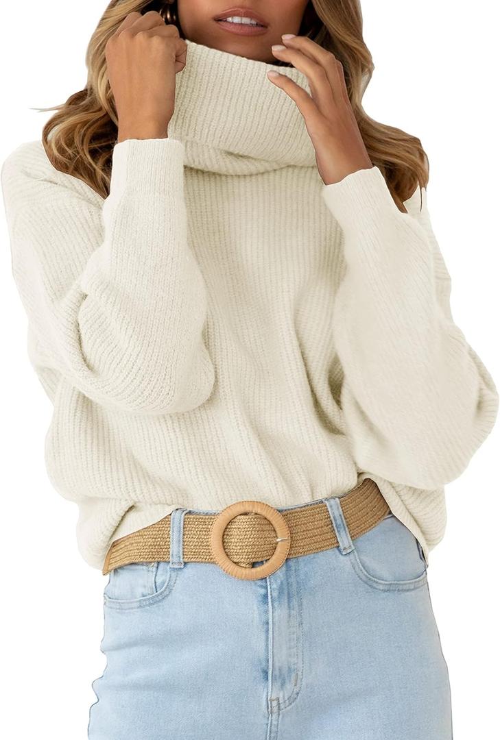 Womens Turtleneck Drop Shoulder Sweaters Chunky Knit Long Sleeve Oversized Sweater Fall Winter Pullover Jumper Tops (Large, Beige)
