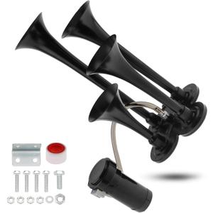 Train Horns Kit, 4 Trumpet Air Horn Kit, 12V 185db Super Loud Train Horns for Pickup Trucks, Four Trumpet Air Horn with Compressor for Vehicle Cars Trucks Pickup Trains Lorrys Boats