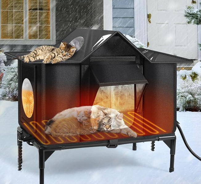 Heated Outdoor Cat House Weatherproof with Heating Pad, Insulated Feral Cat Houses for Outdoor Cats, Safe Escape Door, Heated Cats House for Outside, Outside Stray Cats Shelter with Elevated Base(L)