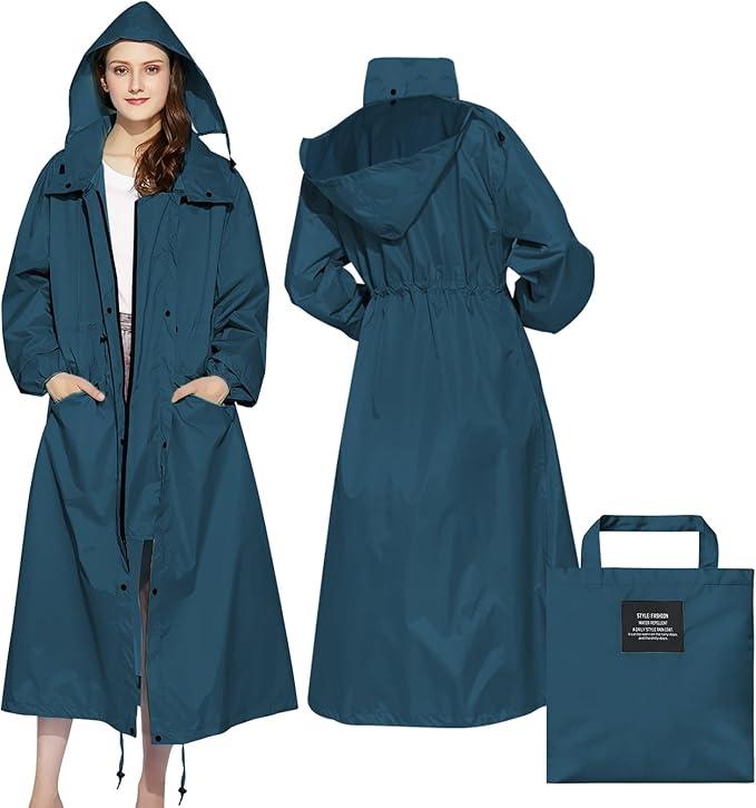 LAMA Womens Long Raincoats Rain Jacket Waterproof Packable Hooded Windbreaker Lightweight Adjustable Waist for Outdoor Sea Blue LAMA Womens Long Raincoats Rain Jacket Waterproof Packable Hooded Windbreaker Lightweight Adjustable Waist for Outdoor Sea Blue
