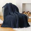 Battilo Navy Chunky Knit Throw Blanket, Soft and Thick Navy Blue Chenille Throw Blanket, 50"x60" Handmade Cable Knit Crochet Blanket, Rope Knot Knitted Throw Blankets for Couch Home Decor, Navy