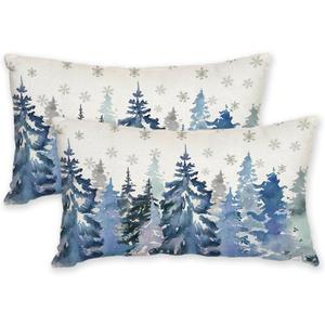 AACORS Christmas Winter Pillow Cover 12x20 Inch Set of 2,Watercolor Teal Tree Snowflake Decoration Holiday Farmhouse Pillow Case Nature Forest Decor for Home Sofa Couch (Blue) AK001-12