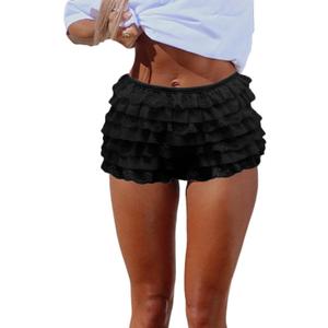 Women Y2K Lolita Bloomers Lace Mesh Ruffle Fairy Short Sexy Layered Pettipants Coquette Boy Shorts (Large, Black)