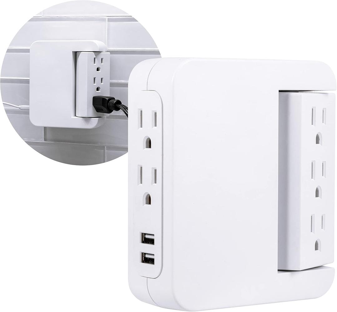 GE Pro Side-Access Swivel Surge Protector, 5-Outlet Extender with 2 USB Ports, Wall Tap Adapter, Charging Station, 3-Prong, 560 Joules, 2.4 AMP/12 Watt, White