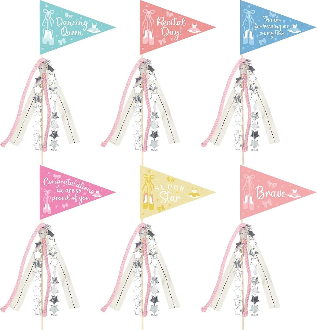 Hahafelt 6 Pack Ballerina Dance Recital Gifts Ballet Recital Triangle Flags with Ribbons Dance Celebration Bouquet Picks Paper Flags for Dancers Women Birthday Parties