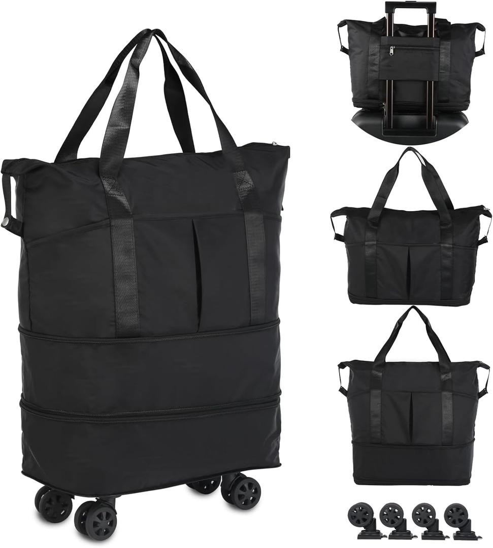 VOOWO Rolling Duffle Bag with Wheels, Expandable Foldable Duffel Bag with Wheels for Travel, Rolling Luggage Carry on Duffel Bag, Wheeled Travel Duffle Bag, Large Weekend Bag for Women & Men (Black)
