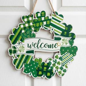 St. Patrick's Day Shamrock Wreath for Front Door - Lucky Welcome Door Sign Wreath Hanger for Wall, Home & Party Decor - Dark Green