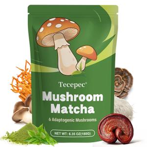 Mushroom Matcha Powder with 6 Adaptogen Mushrooms & Ceremonial-Grade Matcha Powder - Boosts Energy, Focus, Digestion, Immunity (30 Servings) (EXP 08/31/27)