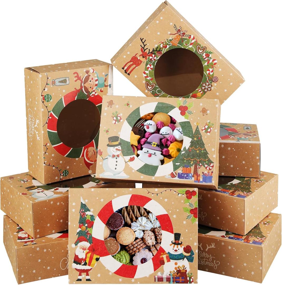 Zzrywuty 12PCS Christmas Cookie Boxes for Gift Giving, Christmas Cookie Tins with Lids, Holiday Cookie Boxes with Window, Christmas Treat Boxes for Pastry Dessert Cupcakes Mini Cake Candy Donut (Kraft Paper - 12PCS)
