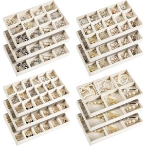 Junkin 12 Pcs Jewelry Tray Velvet Stackable Jewelry Organizer Trays Divided Earring Accessories Storage Containers Box (Rose Red) (Beige)