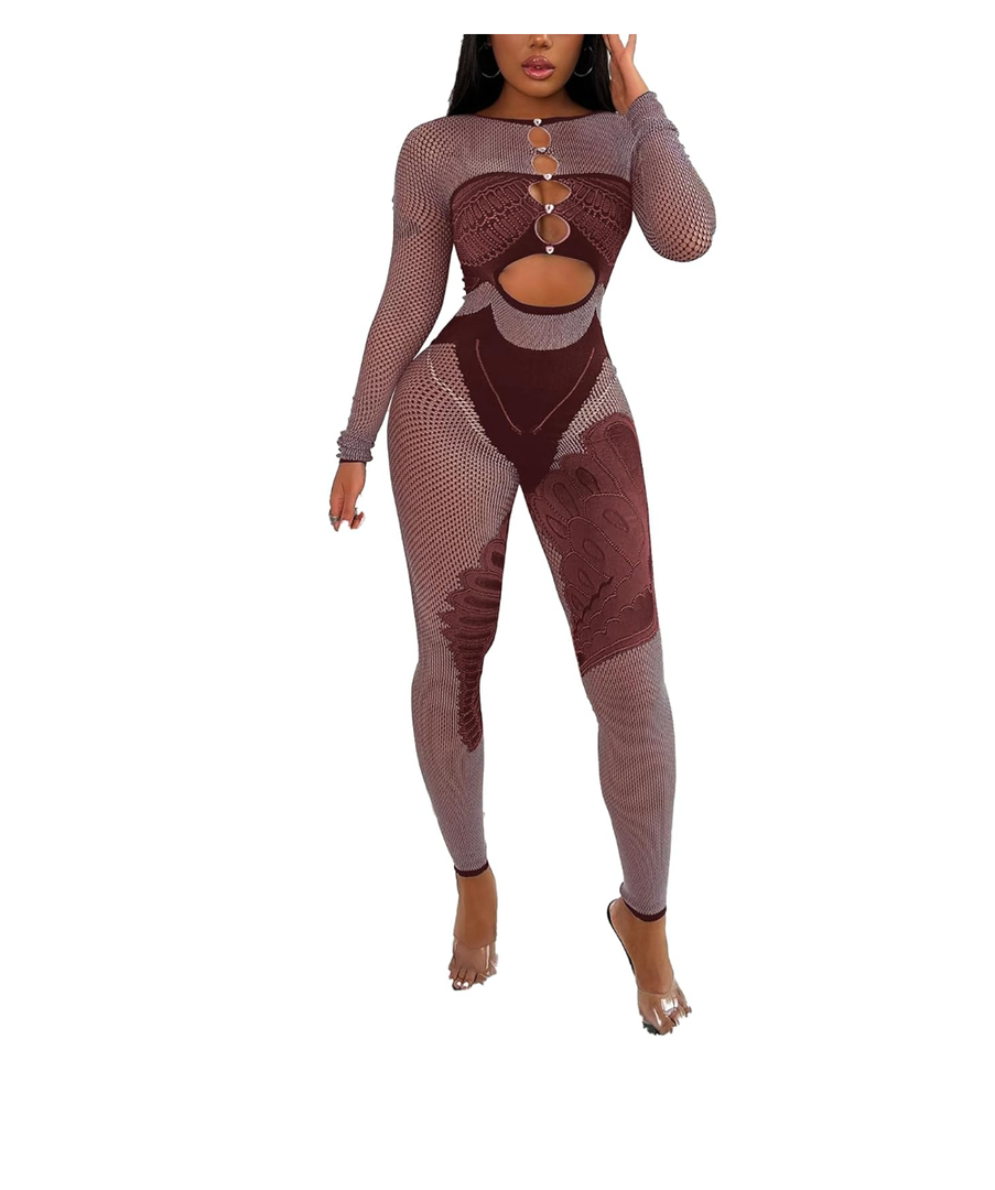 Women's Sexy Mesh See Through Onr Piece Set Long Sleeve Cut Out Bodycon Jumopsuit with Lace L
