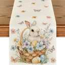 Artoid Mode Bunny Eggs Flowers Basket 210 GSM Easter Table Runner, Seasonal Spring Kitchen Dining Table Decoration for Home Party Decor 13x72 Inch