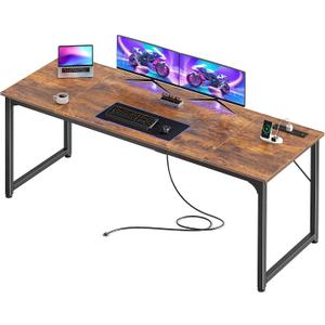 PRAISUN 70 X 24 Inch Office Computer Desk with Power Outlets and USB-C Port, Larger and Longer Gaming Desk, for Home Office, Study, Writing Work from Home Table, Metal Frame, Rustic Brown