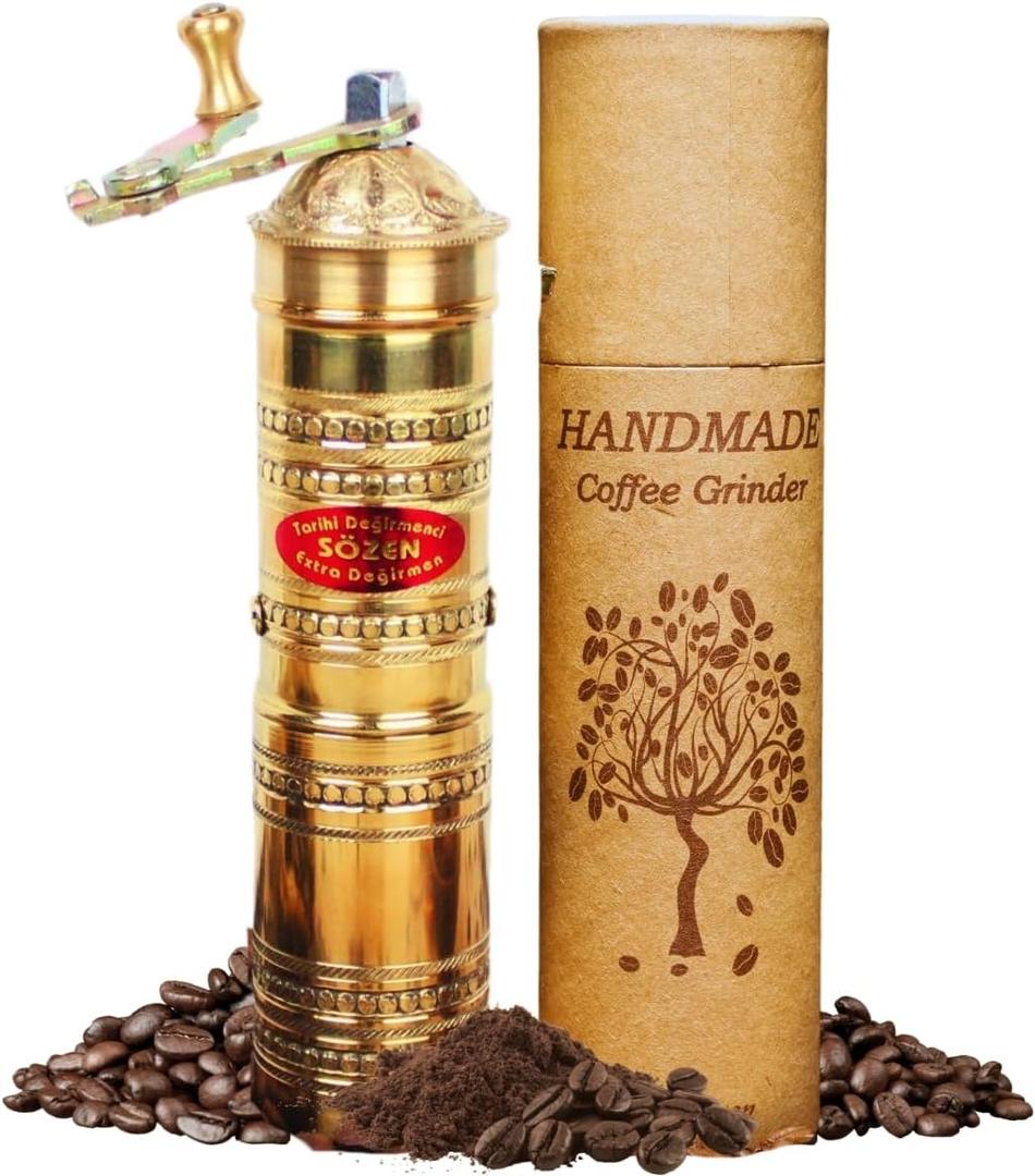 Sozen Hammered 7" Manual Coffee Grinder Brass  Hand Crank Burr Mill for Turkish Coffee, French Press, Espresso, Camping & Home Use  Portable Coffee Bean Grinder, Adjustable Conical Grinder