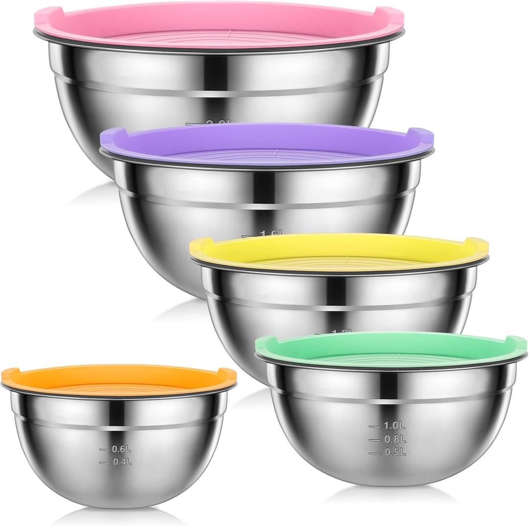 Mixing Bowls with Lids Set - 5 PCS Stainless Steel Mixing Bowls - Mixing Bowl Set with Lids for Kitchen, Size 4.4, 3.6, 2.7, 2.1,1.5QT, Ideal for Baking, Prepping, Cooking and Serving Food (Colorful)