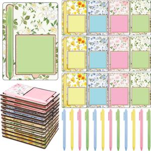 36 Pcs Flowers Wooden Sticky Note Holder Set Gifts for Mother Day Teacher Appreciation Gifts with Notes and Ballpoint Pens Floral Sticky Notes Notepad Holder Thank You for Coworker Employee