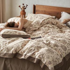 100% Cotton Brown Floral Duvet Cover Queen Size, 4 Pieces Soft Breathable Bedding Set for All Season Comfort - 1 Patterned Duvet Cover 90x90 Inches with Zipper Closure, 2 Pillowcases, 1 Flat Sheet