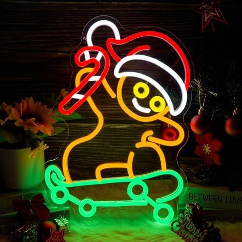 Skateboard Gingerbread Neon Sign for Christmas Décor Dimmable Gingerbread Décor Led Sign USB Powered Christmas Neon Light for Bedroom Living Room Bar Party (12.1 * 15.2 inches)