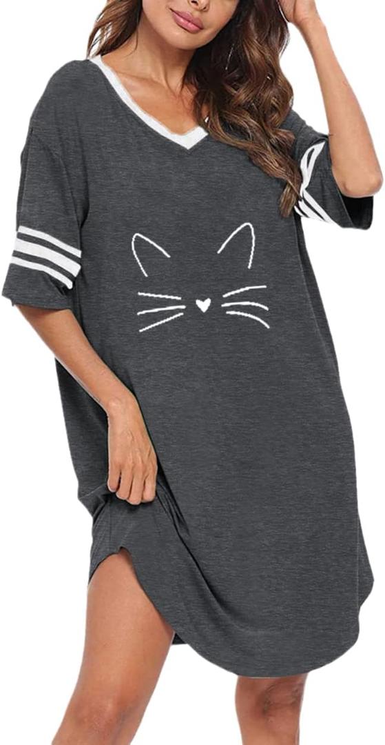 Sleep Shirts for Women Short Sleeve Cotton Novelty Night Shirts V Neck Oversized Nightgowns Cute Printed Nightdress (Gray, XXL)