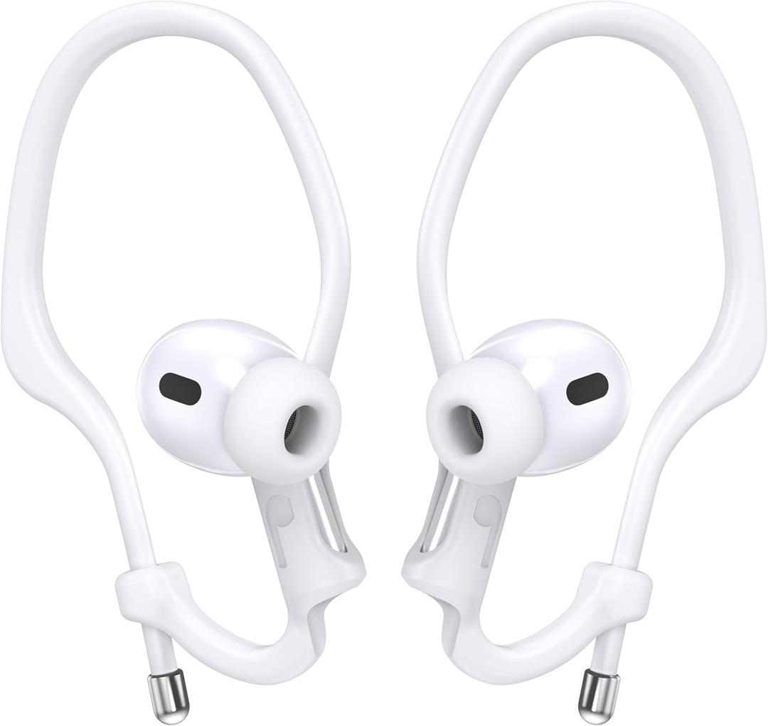 AirPod Ear Hooks Adjustable for AirPods 4 & 3 & 2 & 1, AirPods Pro 2 & 1, [Added Velvet Storage Pouch] Ergonomic Comfortable Fit, Silicone Anti-Slip Over Ear Clips Sports Grip (Standard, White)