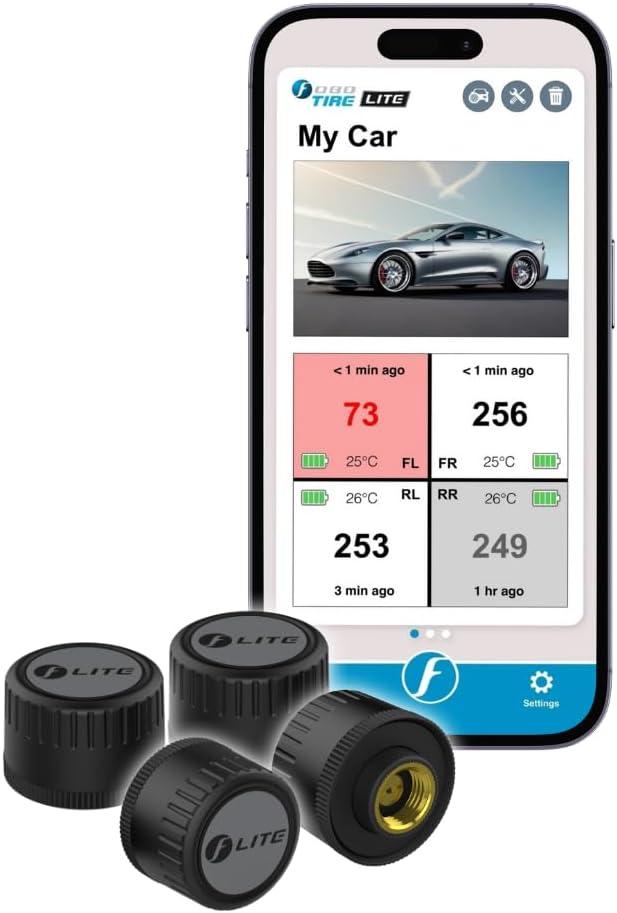 FOBO TIRE LITE TPMS Sensor - Wireless Tire Pressure Monitoring System with Bluetooth 5.0 | Real-Time Tire Pressure Sensor | Easy DIY Installation for Car SUV & 4x4 | Compatible with iOS & Android