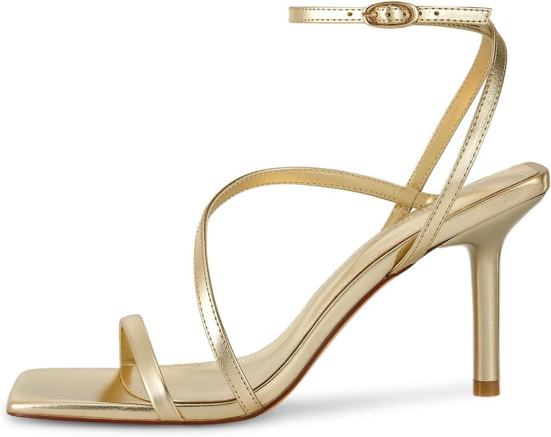 wetkiss Gold Heels for Women Strappy Heels Comfortable Heeled Sandals for Women Dressy Square Toe Stiletto Heel Prom 7