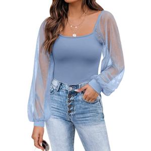 DOROSE Womens Mesh Long Sleeve Shirts Casual Blouses Tops (XX-Large, Grey Blue)