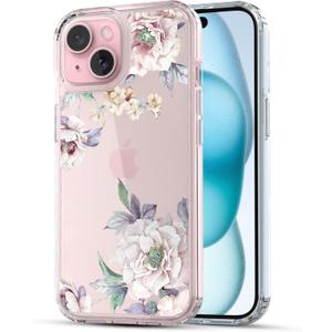 RANZ Case for iPhone 15, Anti-Scratch Shockproof Series Clear Hard PC + TPU Bumper Protective Cover Case for iPhone 15 (6.1") - Pink Flower Peony