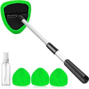 desin Windshield Cleaning Tool, Car Window Cleaner Windshield Cleaner with 4 Reusable and Washable Microfiber Pads and Extendable Handle Auto Inside Glass Wiper, Dark Green