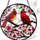 Remiawy Cardinal Stained Glass Window Hanging, 10 Inch Sun Catcher Glass Panel with Metal Chain and Hooks Suncatcher Indoor Window Wall Art Home Decor Gift for Bird Lovers Women Mother's Day Christmas